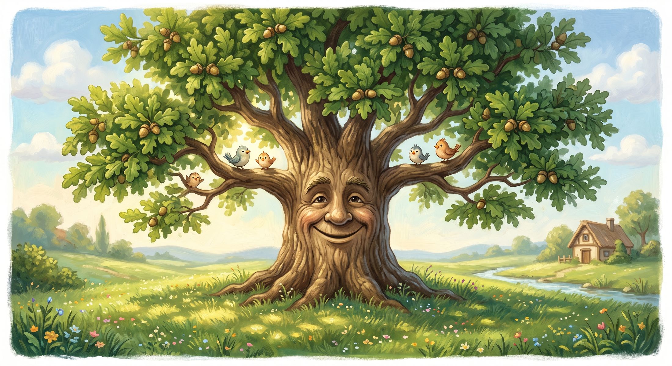 Smiling Grand Oak Tree overlooking lush Marion County horse pastures with birds and acorns