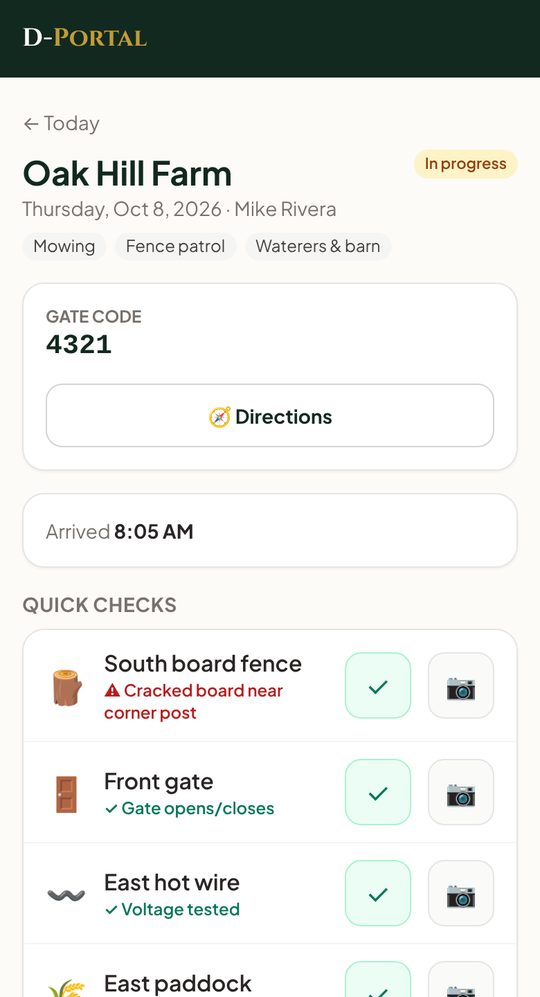D-Portal visit screen with one-tap checks for fences, gates, hot wire and paddocks